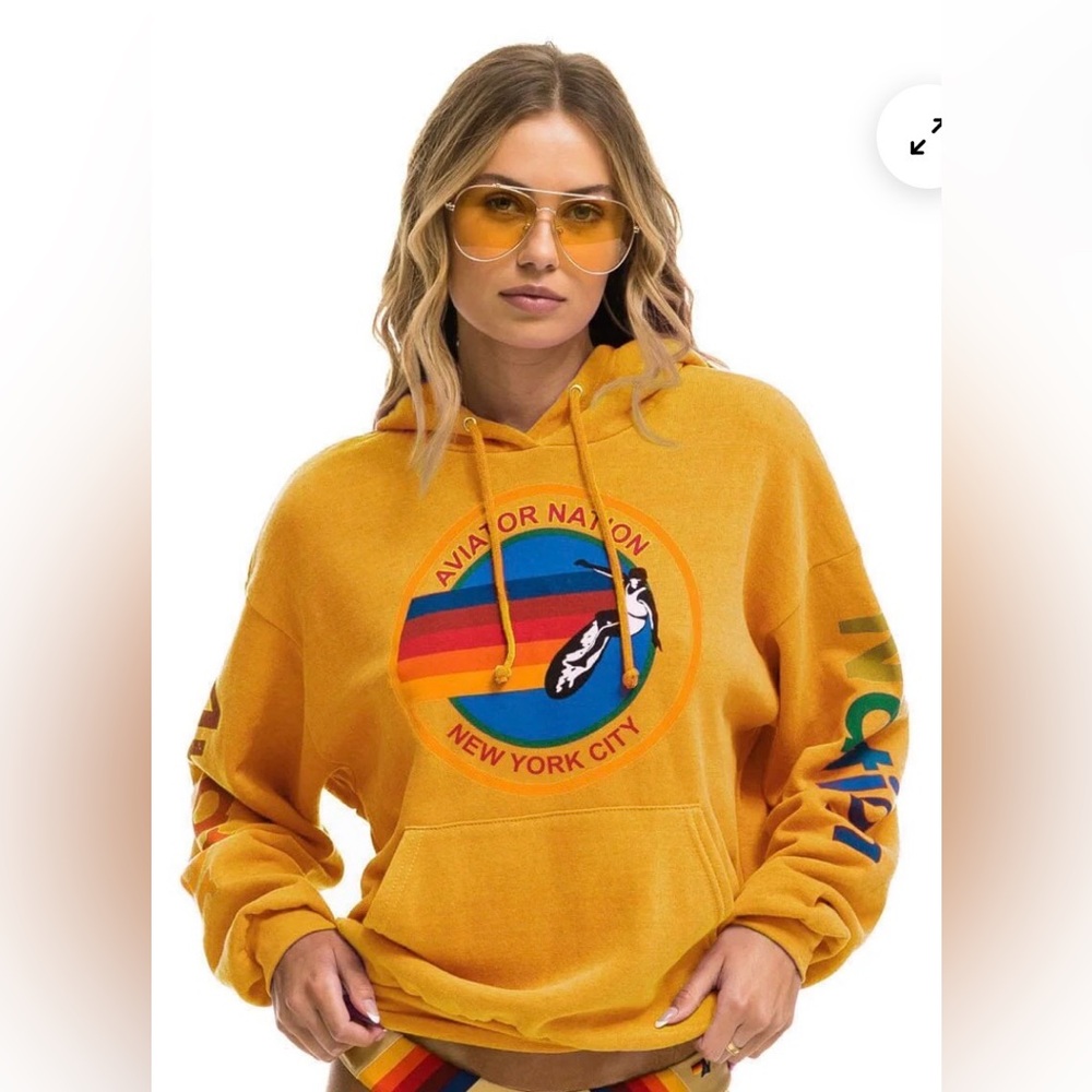 Aviator Nation Unisex Mustard Hoodie with Rainbow Graphic